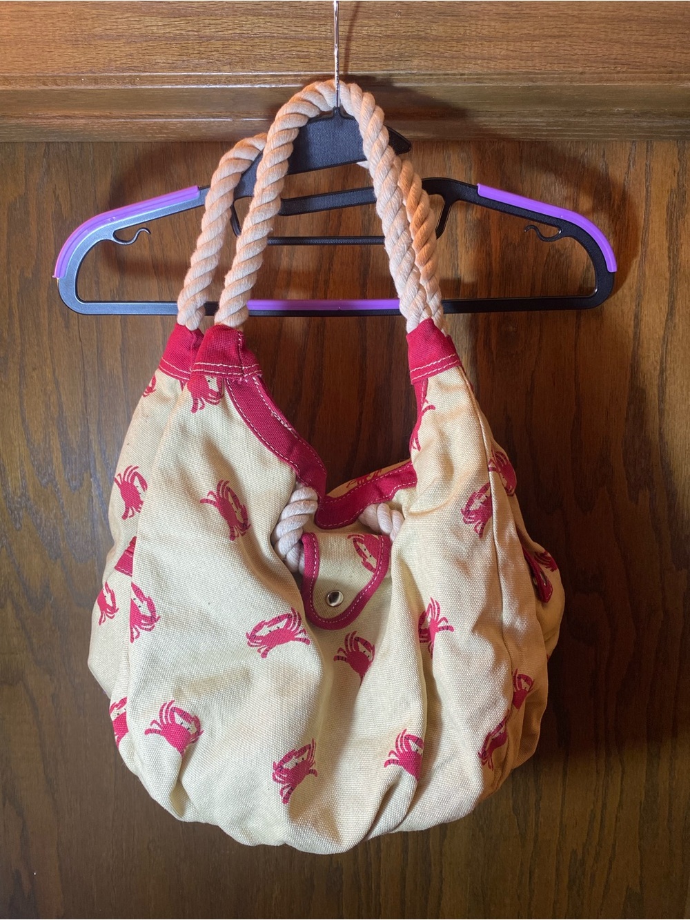 Hobo Bag Nautical Crab Linen with Boat Rope Straps Red & Khaki
